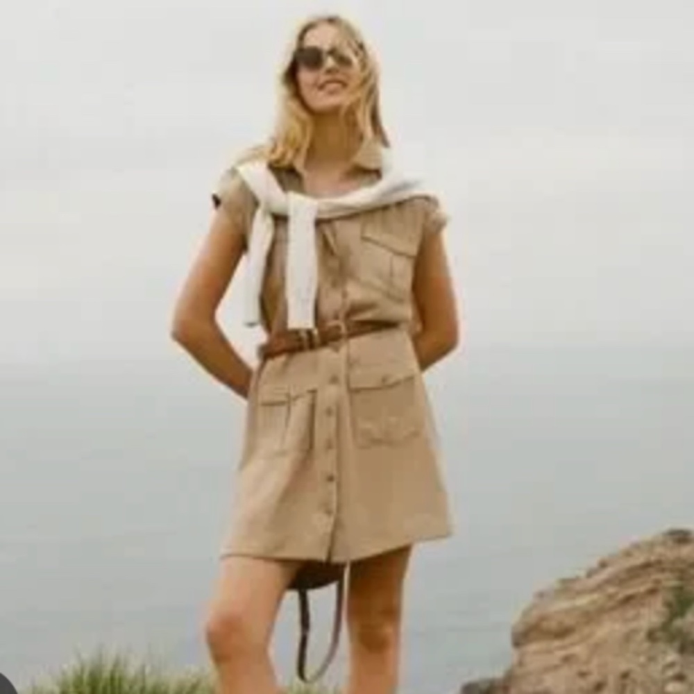 Tuckernuck Khaki Hugo Tan Shirt Dress Mini Short Sleeve Utility Size XS (A) - Picture 2 of 8